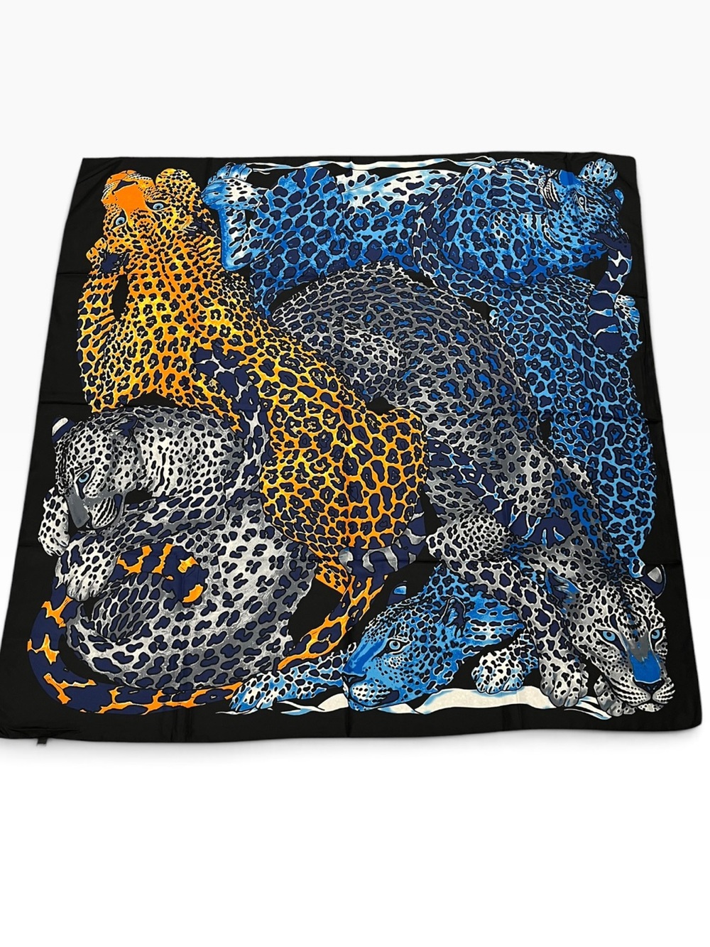 Luxury Leopard Print Silk Scarf - Blue, Yellow, Black